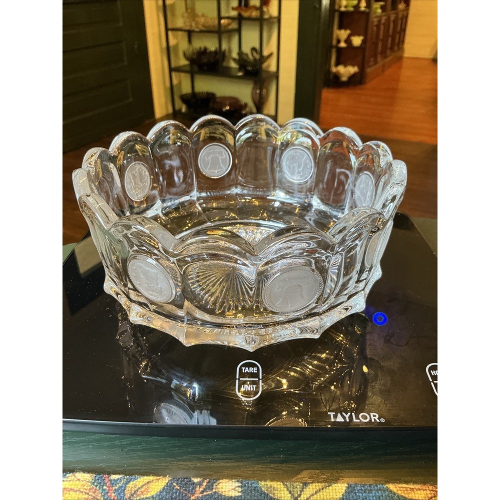 Vintage Fostoria Coin Glass Clear Frosted 7.5" Bowl Liberty Bell 1886 Scalloped
